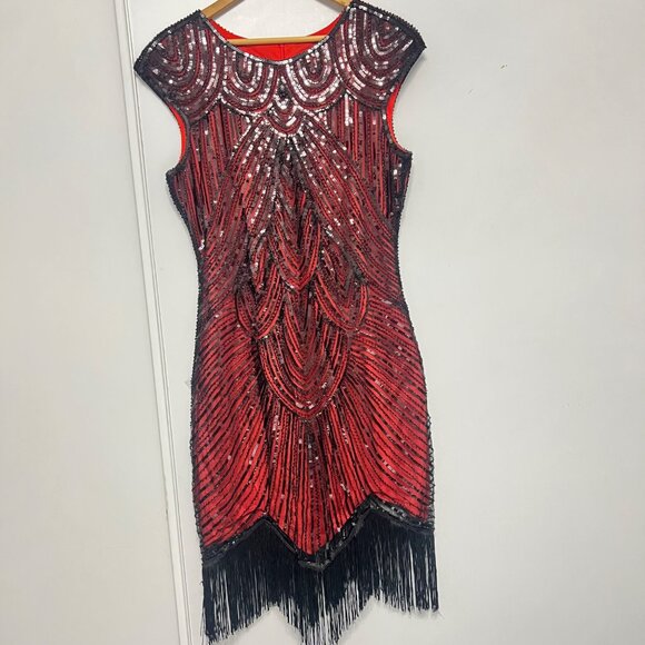 Flapper Red Black Sequin Dress With Fringe Hem Size XL - Picture 1 of 8